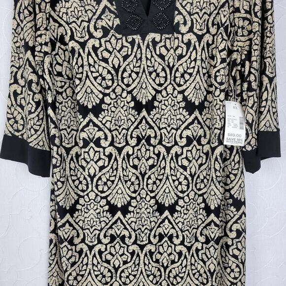 Catherine's Womens Dress Size 0X Black Tan Paisley Print Beaded 3/4 Sleeve NEW - Picture 10 of 12